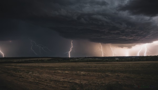 1girl,solo,outdoors,sky,cloud,no humans,cloudy sky,grass,scenery,electricity,dark,field,lightning,landscape,horizon