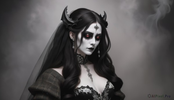 1girl,solo,long hair,breasts,looking at viewer,large breasts,black hair,hair ornament,red eyes,dress,cleavage,jewelry,medium breasts,monochrome,upper body,earrings,horns,choker,lips,makeup,chain,facial mark,lipstick,pale skin,veil,smoke,colored sclera,spot color,forehead mark,black sclera,forehead jewel,gothic,black lips,grey background,black dress,glowing,glowing eyes