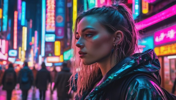 1girl, long hair, blue eyes, jewelry, jacket, upper body, pink hair, earrings, parted lips, solo focus, hood, blurry, lips, blurry background, piercing, hood down, freckles, city, realistic, nose, cyberpunk, neon lights