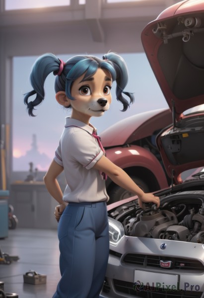 1girl,solo,looking at viewer,smile,short hair,shirt,twintails,brown eyes,closed mouth,blue hair,standing,white shirt,short sleeves,collared shirt,pants,artist name,indoors,dark skin,blurry,dark-skinned female,hand on hip,blurry background,watermark,thick eyebrows,denim,short twintails,ground vehicle,child,motor vehicle,furry,pink ribbon,dog,jeans,furry female,blue pants,female child,motorcycle,necktie,feet out of frame,freckles