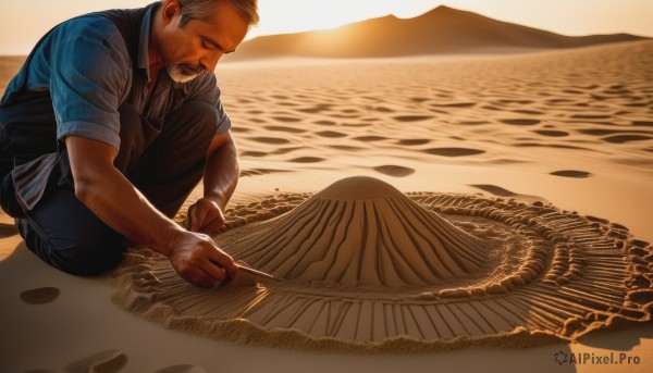 solo,shirt,1boy,hat,sitting,closed eyes,white hair,short sleeves,grey hair,male focus,outdoors,pants,vest,shadow,facial hair,ocean,beach,bandages,blue shirt,beard,sleeves rolled up,headwear removed,sunset,hat removed,realistic,mustache,sand,old,old man,desert,short hair,holding,collared shirt,water,apron,looking down,knife,blue vest,shell,drawing,shore,writing,fine art parody