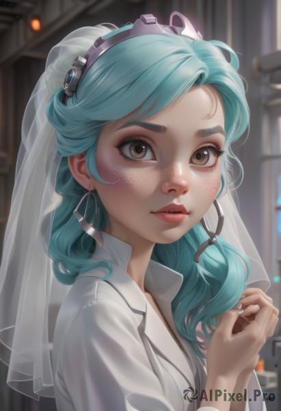 1girl,solo,long hair,looking at viewer,shirt,brown eyes,jewelry,blue hair,white shirt,upper body,hairband,earrings,parted lips,artist name,indoors,blurry,lips,eyelashes,aqua hair,makeup,depth of field,blurry background,watermark,tiara,veil,web address,headset,freckles,hoop earrings,realistic,labcoat,bridal veil,bangs,green hair,nail polish,nose