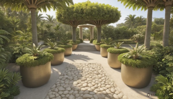 outdoors,sky,day,tree,blue sky,no humans,shadow,sunlight,grass,plant,scenery,stairs,potted plant,road,bush,shade,flower pot,path,cloud,palm tree