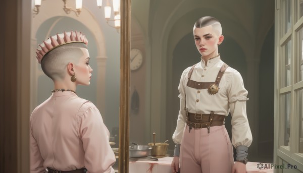 solo,short hair,shirt,long sleeves,1boy,brown eyes,jewelry,standing,white shirt,grey hair,male focus,earrings,multiple boys,puffy sleeves,belt,pants,indoors,2boys,lips,reflection,mirror,clock,candle,very short hair,undercut,mohawk,high-waist pants,different reflection,buzz cut,looking at viewer,black hair,closed mouth,necklace,black eyes,window,makeup,siblings,crown,white pants,red lips,brothers