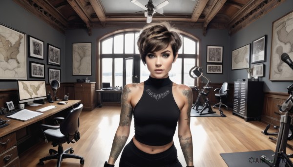 1girl,solo,breasts,looking at viewer,short hair,brown hair,navel,bare shoulders,brown eyes,medium breasts,parted lips,sleeveless,midriff,indoors,lips,crop top,window,tattoo,makeup,halterneck,chair,table,instrument,microphone,desk,wooden floor,paper,realistic,lamp,arm tattoo,piano,black hair,phone,nose,computer,photo (object),office chair,picture (object),office