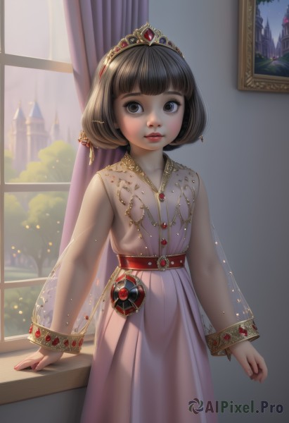 1girl,solo,looking at viewer,short hair,bangs,brown hair,black hair,long sleeves,dress,brown eyes,jewelry,standing,cowboy shot,parted lips,belt,indoors,blunt bangs,necklace,black eyes,flat chest,tree,lips,see-through,window,bob cut,tiara,curtains,building,gem,child,pink dress,nose,arms at sides,female child,open window,hair ornament,crown,realistic,painting (object)