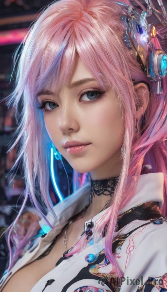 1girl,solo,long hair,breasts,looking at viewer,smile,bangs,blue eyes,hair ornament,cleavage,jewelry,closed mouth,jacket,upper body,pink hair,multicolored hair,earrings,open clothes,choker,necklace,blurry,black eyes,lips,grey eyes,eyelashes,makeup,blurry background,headgear,black choker,portrait,science fiction,realistic,nose,large breasts,sidelocks,lace