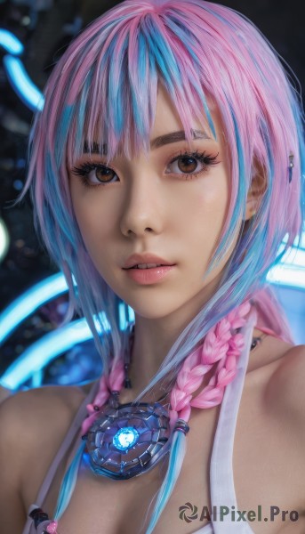 1girl,solo,long hair,breasts,looking at viewer,bangs,cleavage,bare shoulders,brown eyes,jewelry,medium breasts,blue hair,upper body,pink hair,braid,multicolored hair,parted lips,necklace,twin braids,two-tone hair,lips,piercing,portrait,realistic,nose,teeth,artist name,bra,blurry,streaked hair,eyelashes,makeup,blurry background,watermark,hair over shoulder,eyeshadow,science fiction,asymmetrical hair,eyeliner,cyberpunk,hologram