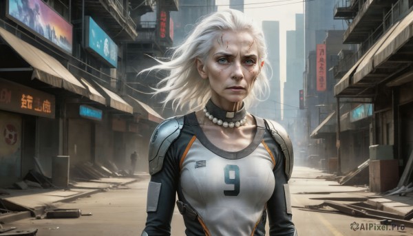 HQ,1girl,solo,breasts,short hair,blue eyes,jewelry,medium breasts,collarbone,upper body,white hair,outdoors,choker,necklace,armor,lips,grey eyes,bodysuit,wind,shoulder armor,building,science fiction,pauldrons,serious,city,sign,realistic,nose,road,shoulder pads,dirty,street,pearl necklace,cyberpunk,looking at viewer,blonde hair,makeup,lipstick,injury,cityscape,skyscraper,dirty face