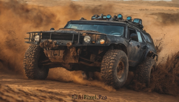 outdoors,military,no humans,ground vehicle,motor vehicle,smoke,realistic,sand,military vehicle,car,vehicle focus,desert,dust,wheel,truck,tire,weapon,gun,science fiction,dust cloud