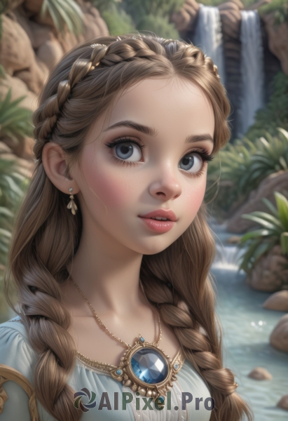 1girl,solo,long hair,breasts,looking at viewer,blue eyes,brown hair,dress,jewelry,upper body,braid,earrings,outdoors,parted lips,teeth,day,artist name,water,necklace,blurry,twin braids,lips,grey eyes,eyelashes,depth of field,blurry background,blue dress,plant,gem,portrait,hair over shoulder,close-up,forehead,pendant,freckles,rock,realistic,nose,waterfall,nature,crown braid