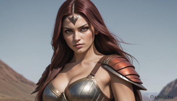 1girl,solo,long hair,breasts,looking at viewer,large breasts,brown hair,cleavage,brown eyes,medium breasts,closed mouth,collarbone,upper body,outdoors,sky,day,armor,blurry,lips,blurry background,shoulder armor,pauldrons,circlet,breastplate,realistic,nose,bikini armor,blue sky,serious,mountain,shoulder pads