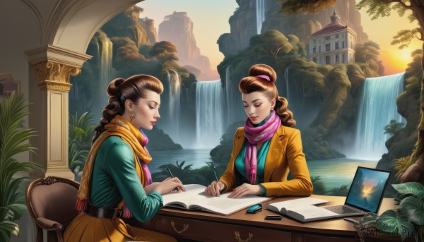 long hair,breasts,smile,multiple girls,skirt,brown hair,long sleeves,2girls,jewelry,sitting,jacket,closed eyes,ponytail,earrings,belt,water,hair bun,scarf,tree,lips,book,makeup,siblings,chair,table,single hair bun,plant,sisters,nature,desk,paper,pen,computer,yellow skirt,pencil,laptop,waterfall,pink scarf,drawing tablet