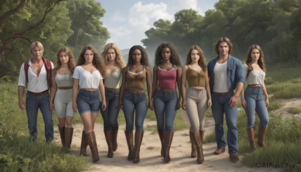 long hair,breasts,looking at viewer,smile,short hair,multiple girls,skirt,blonde hair,large breasts,brown hair,shirt,black hair,1boy,cleavage,bare shoulders,medium breasts,jacket,white shirt,boots,outdoors,multiple boys,sky,day,midriff,belt,pants,cloud,dark skin,dark-skinned female,tree,lips,facial hair,6+girls,wavy hair,brown footwear,knee boots,tank top,grass,denim,nature,beard,camisole,forest,walking,curly hair,jeans,realistic,mustache,arms at sides,capri pants,lineup,navel,brown eyes,collarbone,full body,open clothes,shorts,backpack