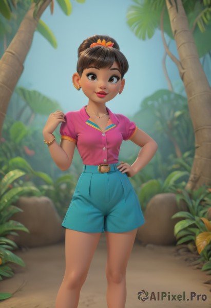 1girl,solo,breasts,looking at viewer,smile,short hair,brown hair,shirt,black hair,hair ornament,brown eyes,jewelry,closed mouth,standing,collarbone,ponytail,flower,short sleeves,earrings,small breasts,outdoors,sky,shorts,day,belt,hand up,dark skin,blurry,bracelet,dark-skinned female,tree,blue sky,lips,hand on hip,short shorts,makeup,blurry background,feet out of frame,lipstick,child,blue shorts,pink shirt,hoop earrings,palm tree,red lips,female child,shirt tucked in,bangle,very dark skin,high-waist shorts,blush,bangs,parted lips,necklace,plant,stud earrings