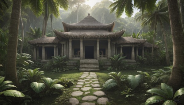 outdoors,day,tree,no humans,leaf,sunlight,grass,plant,building,nature,scenery,forest,stairs,palm tree,bush,architecture,house,east asian architecture,light rays,rock,shrine,path