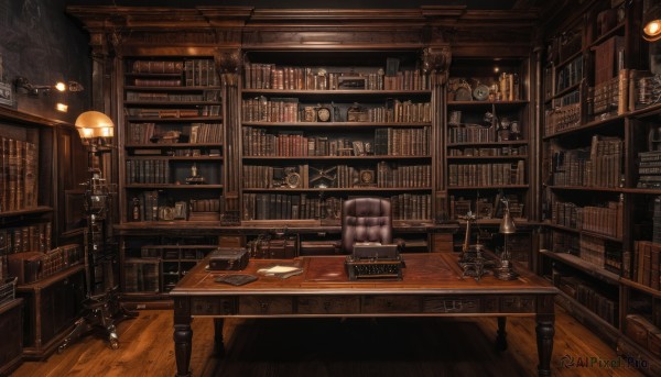 indoors,cup,book,no humans,chair,table,scenery,desk,wooden floor,clock,bookshelf,light,lamp,shelf,book stack,library,ladder,globe