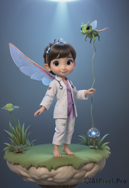 1girl,solo,looking at viewer,smile,short hair,brown hair,black hair,brown eyes,standing,hairband,wings,barefoot,pants,grass,bug,child,antennae,labcoat,fairy wings,frog,fairy,butterfly wings,stethoscope,faux figurine,doctor,ladybug,full body,lips