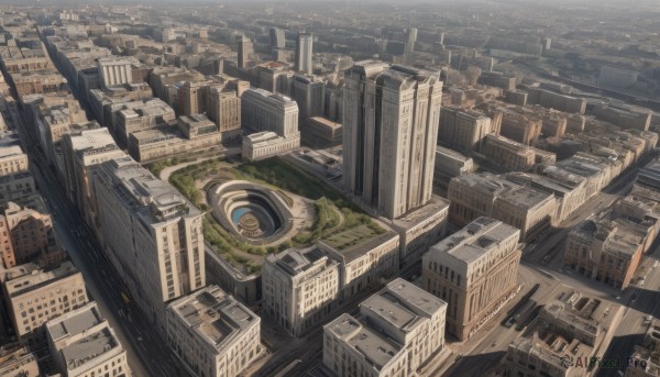 outdoors,sky,no humans,from above,building,scenery,city,cityscape,bridge,river,skyscraper,water,road