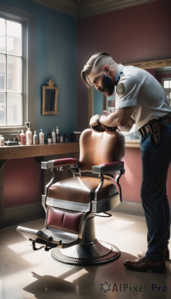 solo,short hair,blonde hair,shirt,gloves,1boy,standing,white shirt,short sleeves,grey hair,male focus,shoes,collared shirt,belt,pants,indoors,uniform,from side,window,profile,muscular,shadow,facial hair,chair,brown footwear,table,bottle,beard,watch,realistic,mustache,blue pants,wristwatch,holster,manly,police,police uniform,radio,sitting,full body,white hair,black pants,denim,jeans,stool