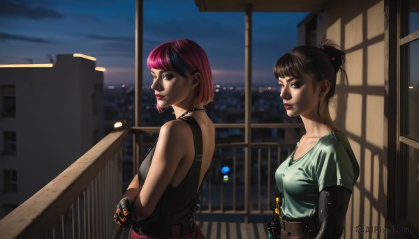 breasts,looking at viewer,short hair,bangs,blue eyes,multiple girls,brown hair,shirt,black hair,hair ornament,gloves,2girls,brown eyes,medium breasts,pink hair,red hair,small breasts,sky,belt,fingerless gloves,hair bun,lips,window,makeup,night,crossed arms,single hair bun,tank top,lipstick,building,city,realistic,nose,railing,cityscape,mechanical arms,cyborg,single mechanical arm,prosthesis,prosthetic arm,cyberpunk,jewelry,multicolored hair,earrings,necklace