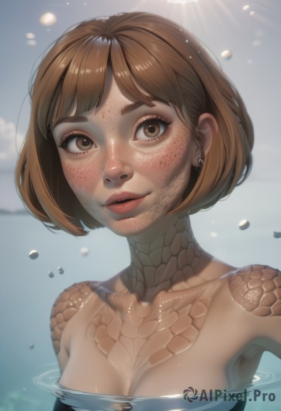 uraraka ochako,1girl,solo,breasts,looking at viewer,short hair,bangs,brown hair,cleavage,bare shoulders,brown eyes,jewelry,medium breasts,collarbone,swimsuit,upper body,earrings,outdoors,parted lips,day,artist name,water,blurry,lips,eyelashes,watermark,sunlight,bob cut,monster girl,partially submerged,freckles,nose,scales,nude,sky,shiny,cloud,completely nude,realistic,sun