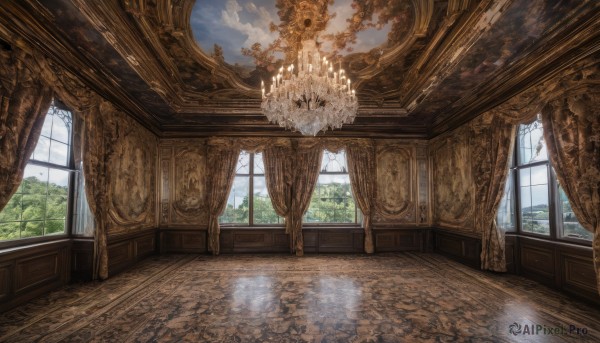 sky,day,cloud,indoors,tree,blue sky,no humans,window,sunlight,cloudy sky,curtains,scenery,reflection,wooden floor,candle,pillar,reflective floor,chandelier,fire,fantasy,candlestand