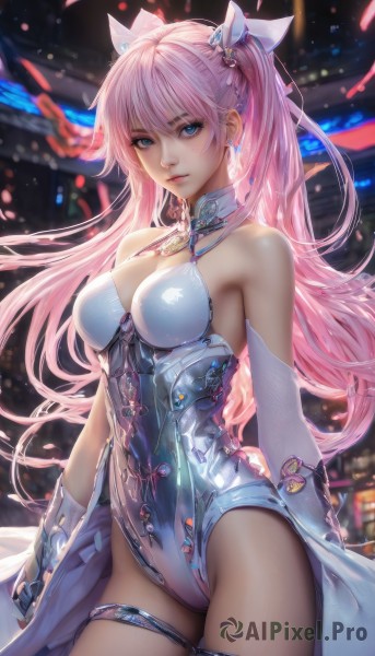 1girl,solo,long hair,breasts,looking at viewer,bangs,blue eyes,large breasts,hair ornament,gloves,cleavage,hair between eyes,bare shoulders,twintails,jewelry,medium breasts,very long hair,closed mouth,standing,pink hair,cowboy shot,earrings,detached sleeves,elbow gloves,white gloves,blurry,leotard,lips,thigh strap,blurry background,blue leotard,thighhighs,thighs,shiny,signature,clothing cutout,detached collar,halterneck,highleg,cleavage cutout,highleg leotard,pink lips,realistic,white leotard