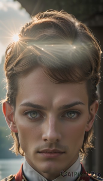 solo,looking at viewer,short hair,blonde hair,brown hair,1boy,brown eyes,closed mouth,male focus,blurry,uniform,lips,military,military uniform,blurry background,facial hair,sunlight,portrait,close-up,lens flare,realistic,nose,mustache,1girl,green eyes,eyelashes,forehead,epaulettes