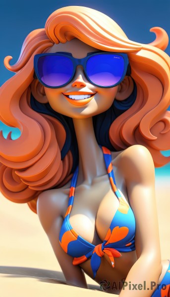 1girl,solo,long hair,breasts,looking at viewer,smile,navel,cleavage,bare shoulders,medium breasts,collarbone,swimsuit,upper body,bikini,multicolored hair,outdoors,sky,teeth,day,orange hair,grin,blue sky,lips,makeup,shadow,ocean,arm support,beach,floral print,sunglasses,lipstick,front-tie top,blue bikini,curly hair,front-tie bikini top,sand,red lips,tinted eyewear,print bikini,blue-tinted eyewear,parted lips,official alternate costume,watermark,wavy hair,sunlight,bikini top only,facing viewer,nose,white-framed eyewear,orange-tinted eyewear,pink-tinted eyewear,purple-tinted eyewear