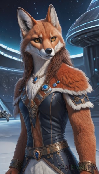 1girl,solo,long hair,breasts,looking at viewer,smile,brown hair,animal ears,jewelry,closed mouth,standing,tail,yellow eyes,cowboy shot,outdoors,sky,belt,artist name,signature,bracelet,orange eyes,fur trim,fox ears,night,fox tail,brooch,gem,star (sky),night sky,furry,snow,starry sky,colored sclera,snowing,fantasy,furry female,arms at sides,body fur,fur,fox,snout,brown fur,fluffy,orange fur,brown eyes,medium breasts,capelet,space