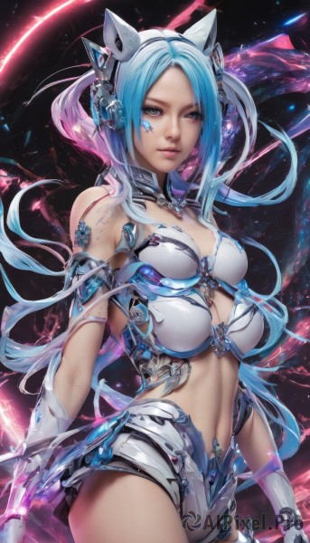 1girl,solo,long hair,breasts,looking at viewer,blue eyes,gloves,navel,animal ears,cleavage,bare shoulders,medium breasts,blue hair,multicolored hair,cowboy shot,parted lips,midriff,cat ears,white gloves,lips,fake animal ears,headgear,headphones,science fiction,realistic,animal ear headphones,cat ear headphones,twintails,pink hair