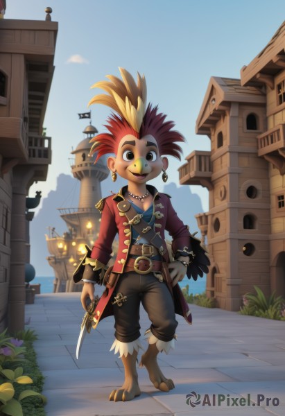 solo,looking at viewer,smile,open mouth,1boy,holding,brown eyes,jewelry,full body,weapon,flower,male focus,red hair,multicolored hair,earrings,outdoors,sky,barefoot,day,belt,pants,sword,necklace,bracelet,bird,feathers,knife,building,furry,dagger,furry male,male child,house,mohawk,1girl,short hair,blonde hair,brown hair,long sleeves,standing,jacket,:d,open clothes,teeth,artist name,holding weapon,orange hair,two-tone hair,open jacket,blue sky,coat,hand on hip,holding sword,black pants,thick eyebrows,grass,plant,sheath,red jacket,freckles,beads,sheathed,lantern,brown pants