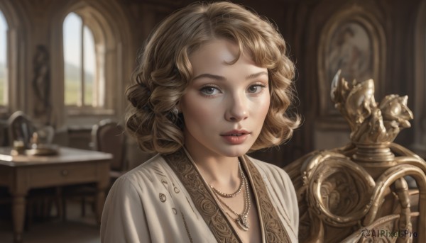 1girl,solo,looking at viewer,short hair,blonde hair,jewelry,upper body,earrings,parted lips,indoors,necklace,blurry,lips,grey eyes,window,depth of field,blurry background,chair,table,ring,portrait,freckles,curly hair,realistic,fantasy,pearl necklace,day,piercing,statue