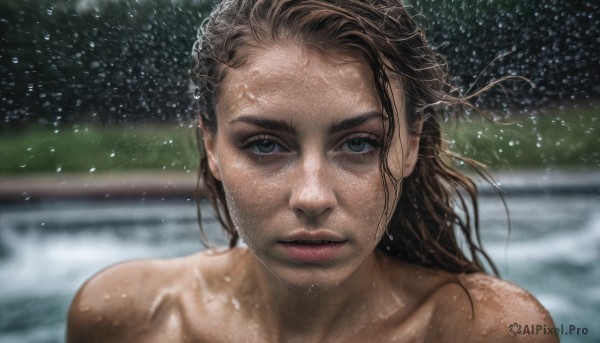 A dynamic view of a female in rainy outdoors