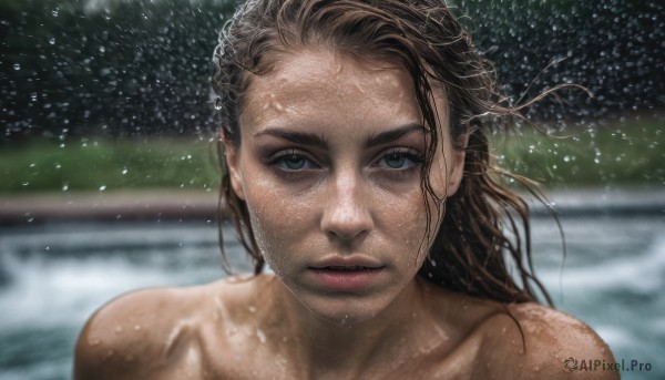 1girl,solo,long hair,looking at viewer,blue eyes,brown hair,closed mouth,green eyes,collarbone,nude,outdoors,water,blurry,lips,wet,blurry background,portrait,freckles,rain,realistic,nose,pool,wet hair,upper body,depth of field,expressionless,wind,messy hair,water drop,dirty