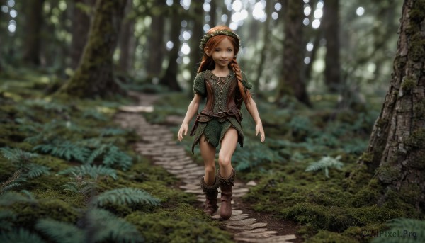 1girl,solo,long hair,looking at viewer,smile,blue eyes,brown hair,dress,standing,braid,short sleeves,boots,outdoors,belt,orange hair,blurry,twin braids,tree,depth of field,blurry background,brown footwear,grass,nature,forest,walking,bubble,fantasy,arms at sides,path,open mouth,red hair,pointy ears,plant,scenery