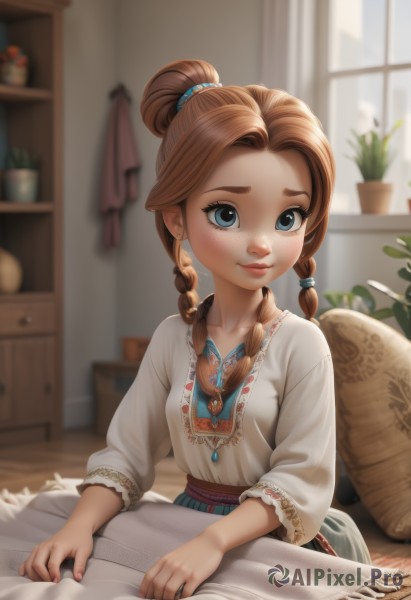 1girl,solo,long hair,looking at viewer,smile,blue eyes,brown hair,hair ornament,long sleeves,jewelry,closed mouth,upper body,braid,earrings,day,indoors,necklace,hair bun,blurry,twin braids,lips,pillow,book,eyelashes,window,bed,depth of field,blurry background,table,single hair bun,aged down,plant,curtains,child,hair over shoulder,freckles,open book,blanket,basket,female child,potted plant,cabinet,breasts,shirt,dress,sitting,collarbone,white shirt,small breasts,artist name,signature,fingernails,parted bangs,thick eyebrows,forehead,nose,vase,flower pot