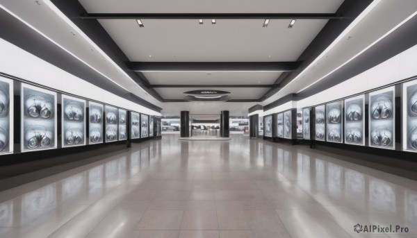 monochrome,indoors,no humans,window,scenery,reflection,door,tiles,tile floor,horror (theme),ceiling,hallway,ceiling light,reflective floor,looking at viewer,multiple girls,6+girls,monster,wooden floor