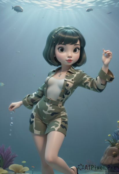 1girl,solo,breasts,looking at viewer,smile,short hair,bangs,brown hair,shirt,black hair,long sleeves,brown eyes,jewelry,standing,jacket,flower,hairband,small breasts,parted lips,open clothes,shorts,barefoot,belt,artist name,water,necklace,nail polish,black eyes,lips,fingernails,ocean,sandals,sunlight,bob cut,fish,bubble,light rays,rock,underwater,air bubble,camouflage,green shorts,swimming,turtle,freediving,coral,seaweed,clownfish,hair ornament,eyelashes,makeup,watermark,lipstick,web address,nose,red lips,dappled sunlight,submerged,caustics