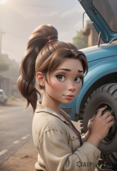 1girl,solo,long hair,looking at viewer,blush,smile,brown hair,shirt,long sleeves,brown eyes,jewelry,closed mouth,jacket,upper body,ponytail,earrings,outdoors,day,artist name,blurry,from side,lips,depth of field,blurry background,ground vehicle,motor vehicle,freckles,nose,car,stud earrings,road,thick eyebrows,realistic,hair tie