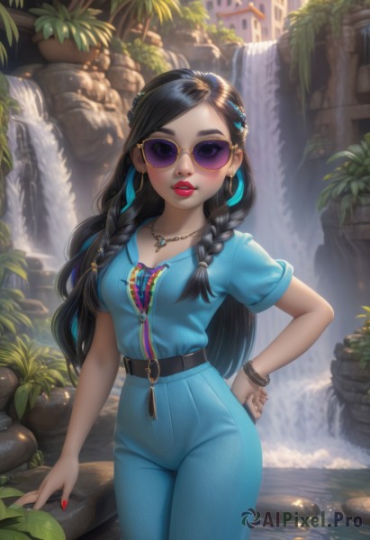 1girl,solo,long hair,breasts,looking at viewer,blush,smile,bangs,shirt,black hair,hair ornament,jewelry,medium breasts,standing,collarbone,braid,short sleeves,multicolored hair,cowboy shot,earrings,outdoors,parted lips,glasses,teeth,day,belt,pants,artist name,signature,dark skin,water,necklace,nail polish,twin braids,bracelet,two-tone hair,tree,lips,streaked hair,fingernails,hand on hip,eyelashes,makeup,leaf,watermark,sunglasses,thick eyebrows,blue shirt,plant,lipstick,building,gem,red nails,web address,buckle,pink nails,pendant,eyeshadow,zipper,freckles,arm at side,long fingernails,contrapposto,pocket,black belt,hoop earrings,belt buckle,nose,round eyewear,blue pants,red lips,bangle,tinted eyewear,jumpsuit,waterfall,mascara,yellow-framed eyewear,red-tinted eyewear,mole above mouth,multiple braids,pink-tinted eyewear,brown eyes,piercing,denim,t-shirt,wristband,hair over shoulder,forehead,jeans,patreon username,rock,biting,zipper pull tab,river,lip biting,purple-tinted eyewear