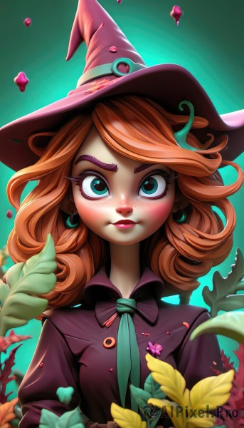 1girl,solo,long hair,looking at viewer,blush,bangs,blue eyes,brown hair,shirt,gloves,long sleeves,hat,dress,bow,jewelry,closed mouth,green eyes,upper body,flower,earrings,necktie,artist name,bowtie,medium hair,orange hair,lips,eyelashes,black bow,makeup,witch hat,leaf,blue background,thick eyebrows,plant,lipstick,purple dress,brown gloves,eyeshadow,freckles,green background,curly hair,nose,witch,aqua background,mascara,red hair,aqua eyes,watermark,web address