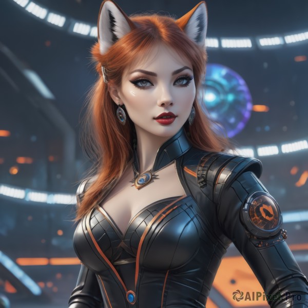 1girl,solo,long hair,breasts,looking at viewer,brown hair,animal ears,cleavage,brown eyes,jewelry,medium breasts,upper body,earrings,parted lips,artist name,cat ears,necklace,orange hair,blurry,lips,grey eyes,fox ears,clothing cutout,bodysuit,makeup,blurry background,cleavage cutout,lipstick,eyeshadow,realistic,red lips,eyeliner,bangs,signature,eyelashes,fox girl,science fiction,cyberpunk