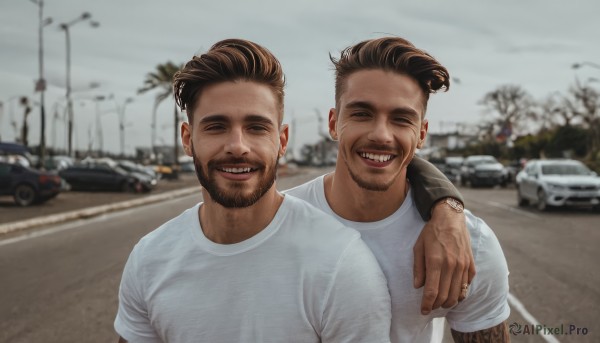 smile,short hair,open mouth,brown hair,shirt,black hair,jewelry,closed eyes,white shirt,upper body,short sleeves,male focus,outdoors,multiple boys,teeth,day,dark skin,2boys,blurry,tattoo,blurry background,facial hair,dark-skinned male,ring,couple,ground vehicle,t-shirt,yaoi,facing viewer,motor vehicle,beard,watch,realistic,mustache,car,wristwatch,arm tattoo,undercut,photo background,arm around shoulder,real life insert,arm hair,arm around neck,looking at viewer,sky,grin,tree,meme,road,father and son