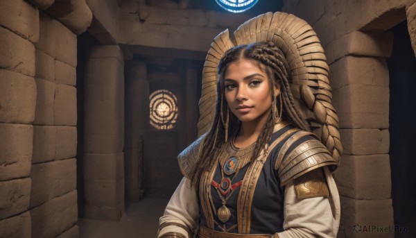 1girl,solo,long hair,looking at viewer,smile,brown hair,black hair,long sleeves,brown eyes,jewelry,upper body,braid,earrings,parted lips,indoors,dark skin,necklace,armor,dark-skinned female,lips,watermark,sunlight,realistic,nose,headdress,pillar,multiple braids,hair ornament,closed mouth,multicolored hair,two-tone hair,makeup,hair tubes,forehead,dreadlocks