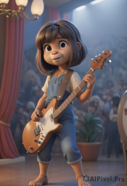 1girl,solo,looking at viewer,smile,short hair,bangs,brown hair,shirt,holding,brown eyes,jewelry,standing,full body,white shirt,short sleeves,barefoot,solo focus,pants,indoors,medium hair,necklace,blurry,blurry background,denim,curtains,instrument,child,furry,furry female,music,guitar,female child,potted plant,overalls,playing instrument,holding instrument,black hair,collarbone,parted lips,teeth,artist name,black eyes,flat chest,blue shirt,plant,t-shirt,jeans,dirty,electric guitar,brown fur,stage