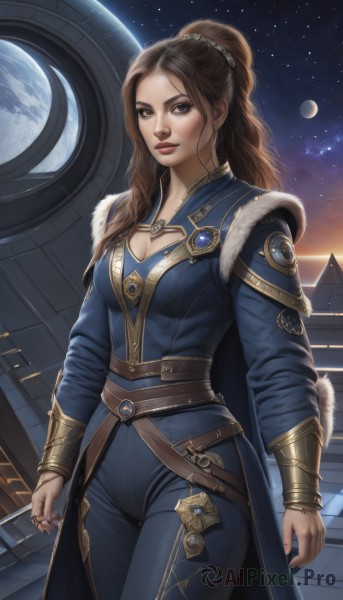 A female showcased in a tranquil night sky