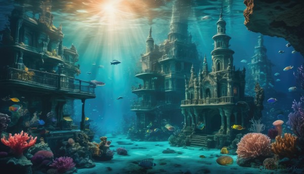 water,no humans,ocean,animal,sunlight,building,scenery,fish,bubble,light rays,stairs,underwater,fantasy,air bubble,watercraft,architecture,sunbeam,ruins,bridge,castle,jellyfish,arch,whale,turtle,coral,outdoors,day,rock,ship,statue