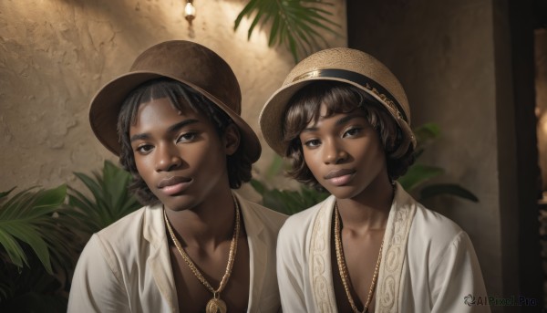 1girl,looking at viewer,smile,short hair,bangs,multiple girls,brown hair,shirt,black hair,1boy,hat,dress,2girls,brown eyes,jewelry,closed mouth,upper body,indoors,dark skin,necklace,black eyes,dark-skinned female,lips,siblings,dark-skinned male,plant,freckles,curly hair,realistic,brown headwear,straw hat,very dark skin,dreadlocks